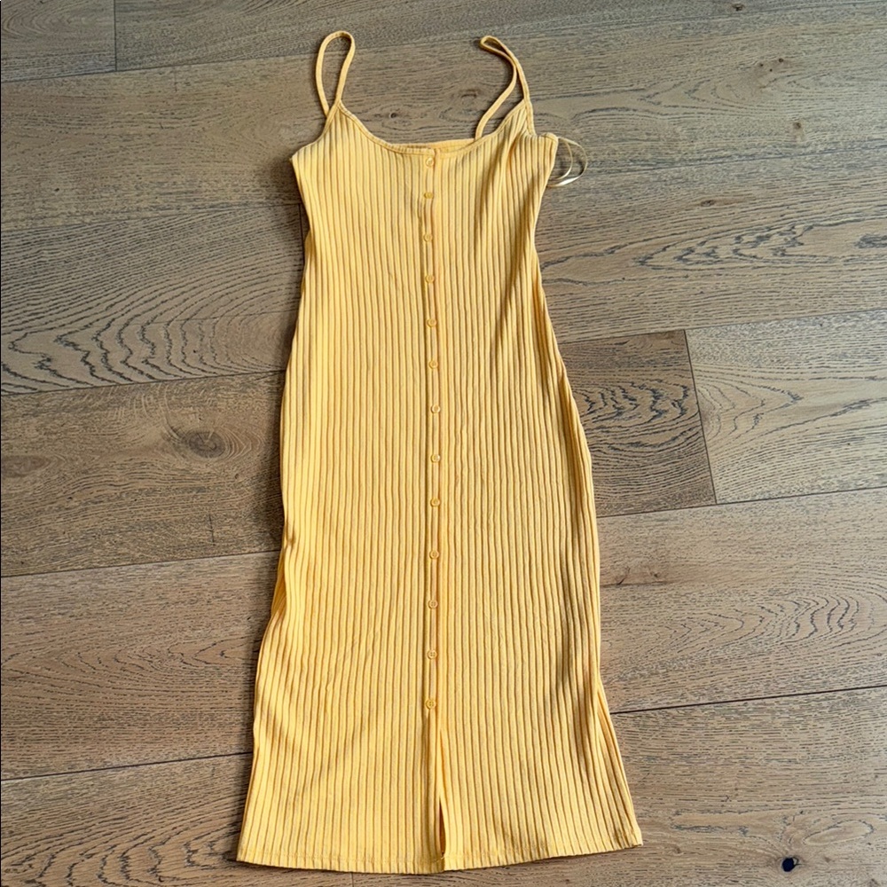Zara Yellow Ribbed Button-Front Midi Dress